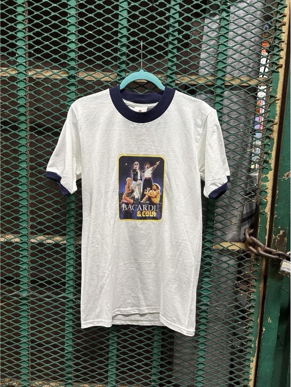 Vintage Bacardi Rum & Cola Small Graphic Advertising Shirt Promo Ringer Alcohol